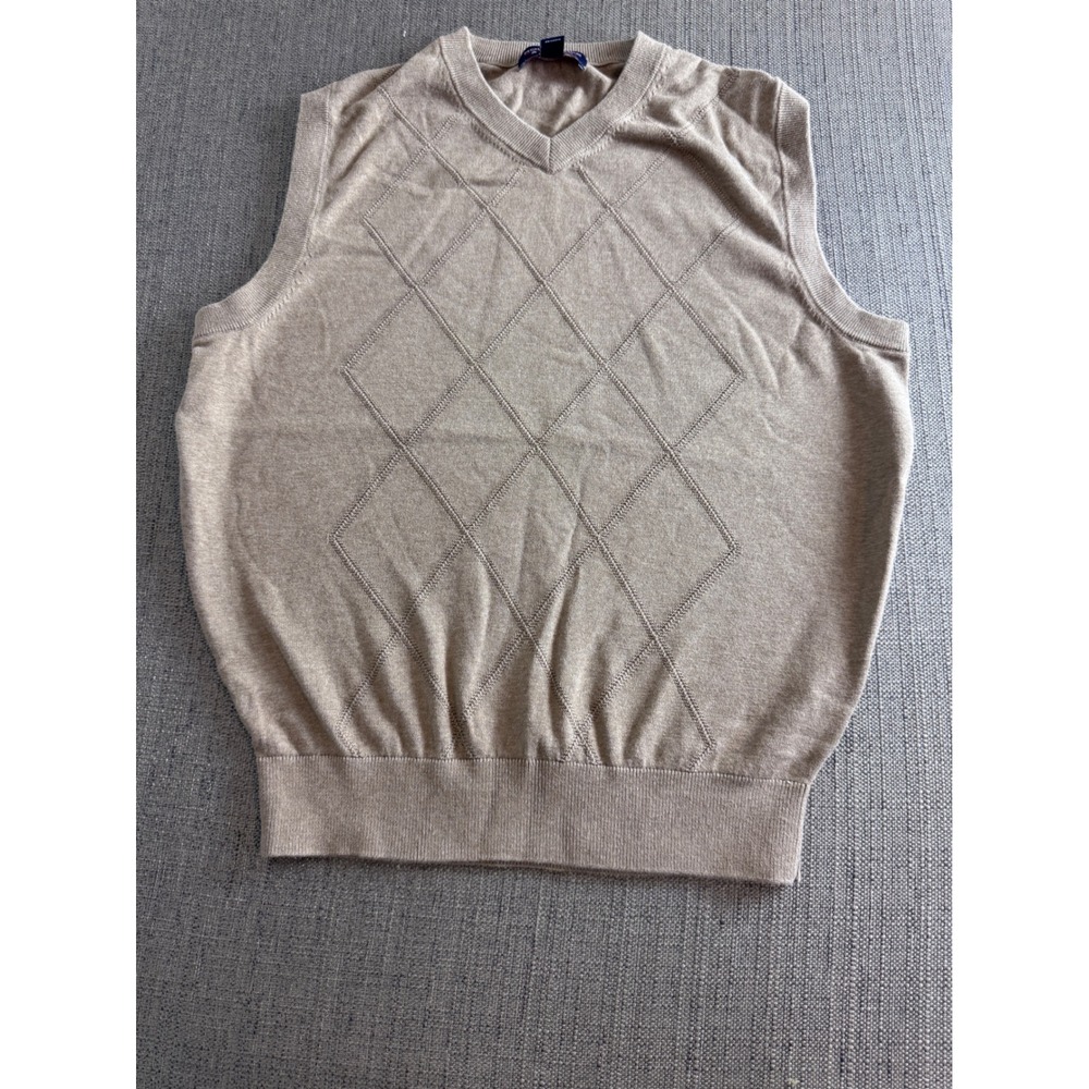 Roundtree & Yorke Mens Beige Diamond Argyle 100% Cotton V-Neck Sweater Vest L